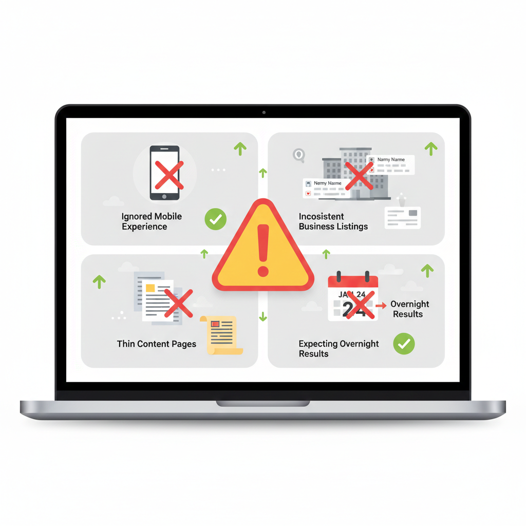 Common SEO mistakes that small businesses should avoid illustrated with warning icons