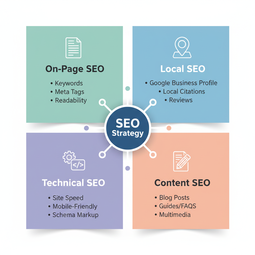 Four types of SEO diagram showing on-page, local, technical, and content SEO