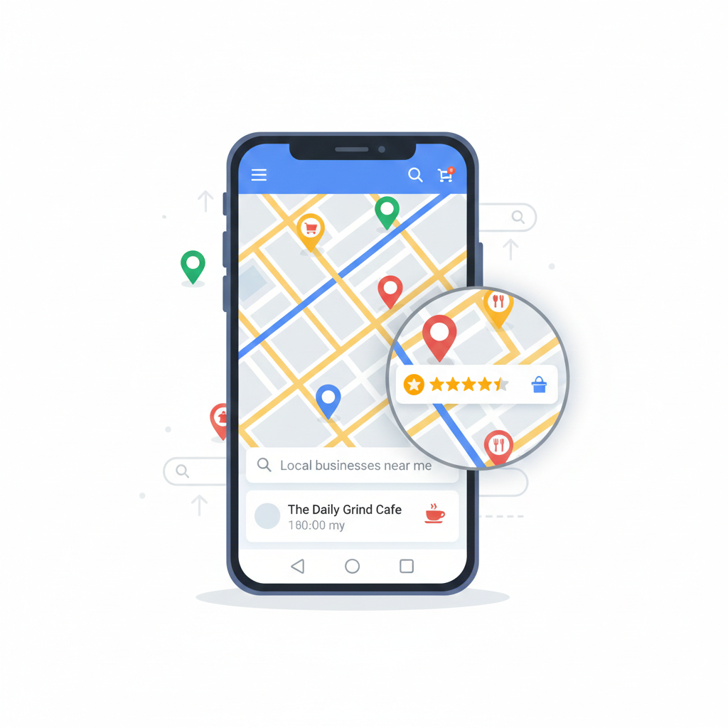 Local SEO map showing businesses ranking in near me searches