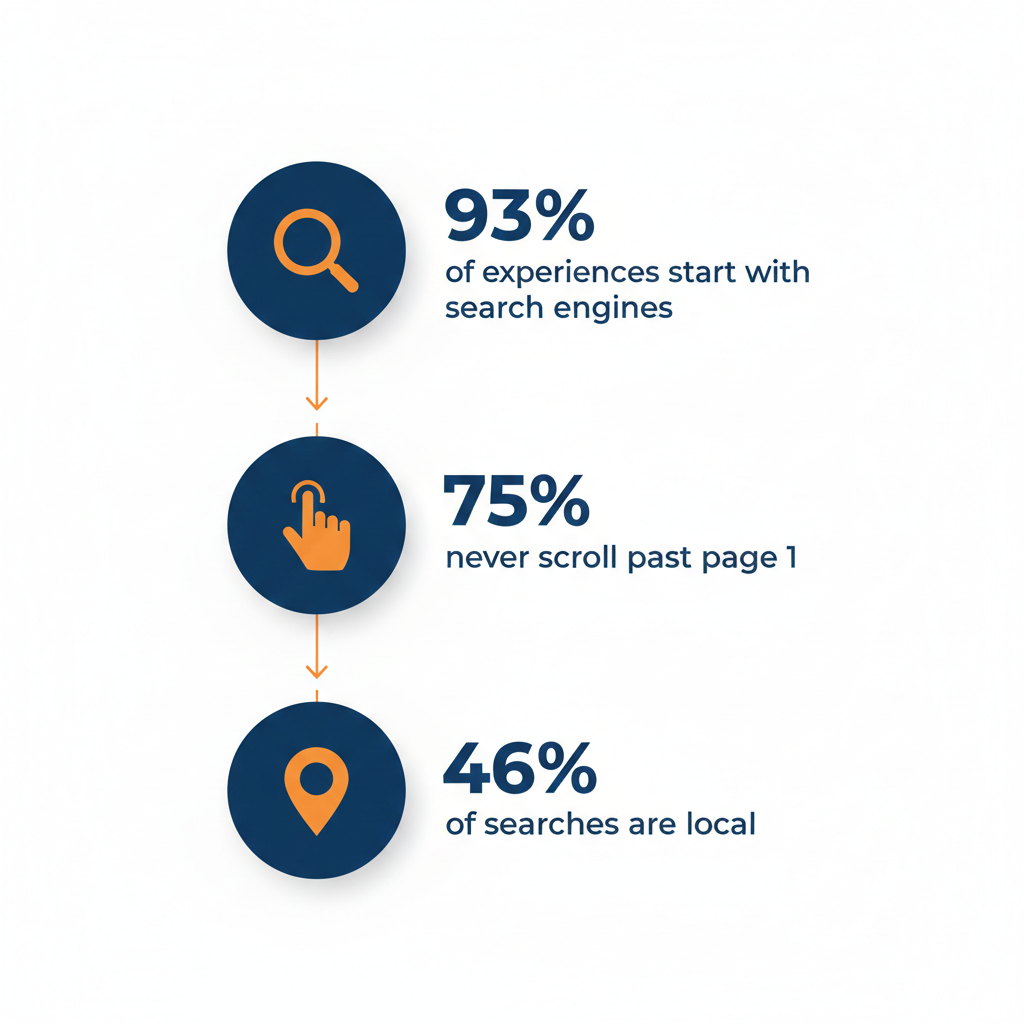 SEO statistics infographic showing search engine usage and local search importance