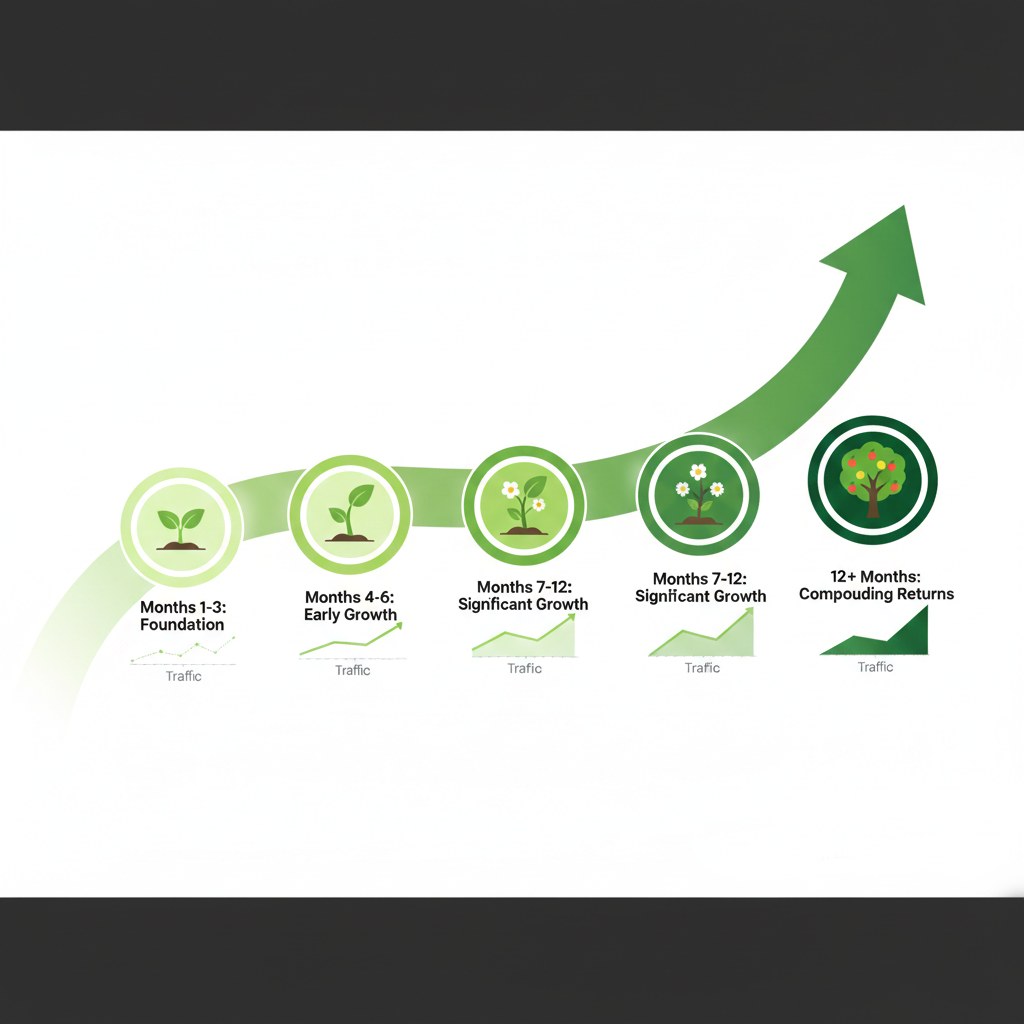 SEO timeline showing expected results from 0 to 12+ months with growth milestones