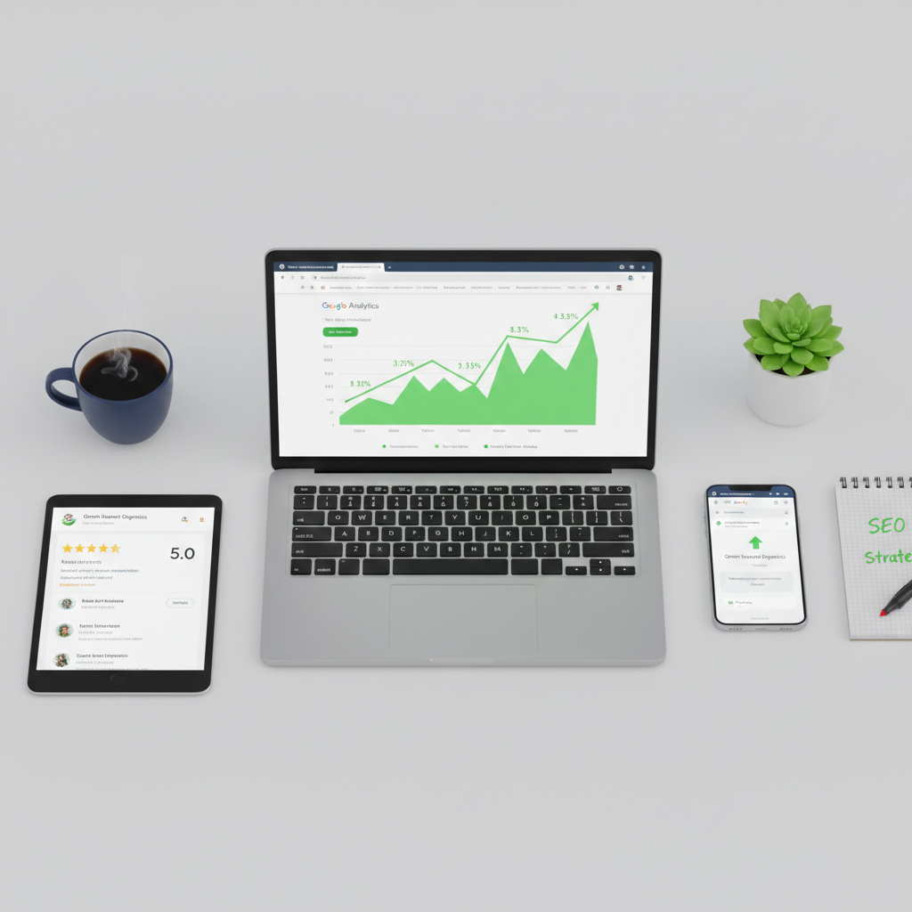 SEO workspace showing multiple devices with positive ranking and traffic analytics